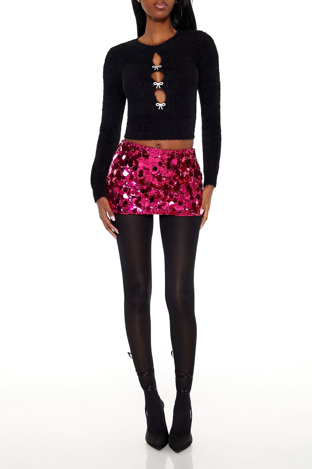 Faux Pearl Bow Cropped Sweater - Image 2