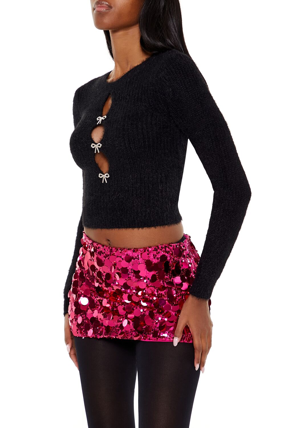 Faux Pearl Bow Cropped Sweater - Image 4