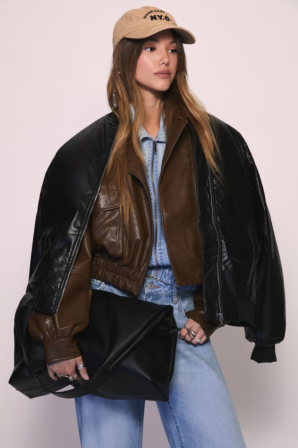 Faux Leather Utility Bomber Jacket
