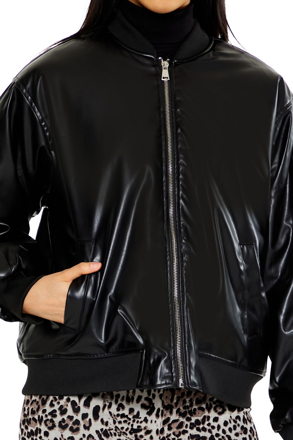 Faux Leather Utility Bomber Jacket - Image 3