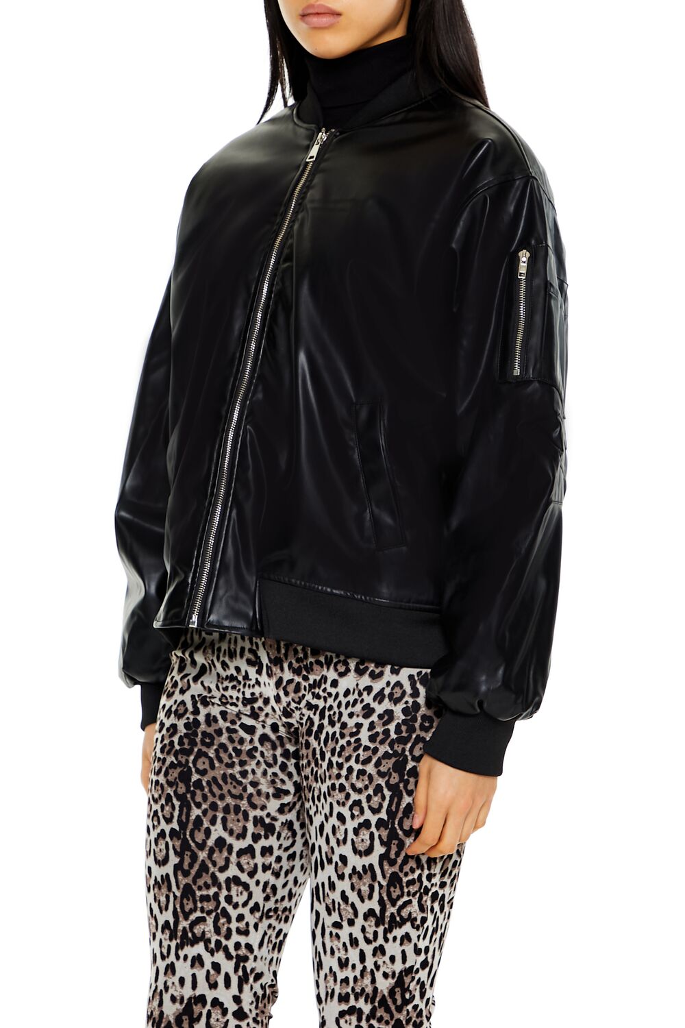 Faux Leather Utility Bomber Jacket - Image 4