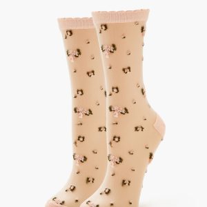 Flower Print Mesh Crew Socks