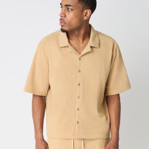 Textured Knit Short Sleeve Button Down Shirt - Taupe