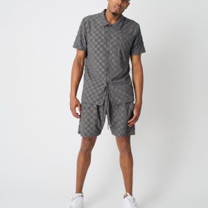 Checkerboard Towel Color Blocked Short Sleeve Button Down Shirt - Grey