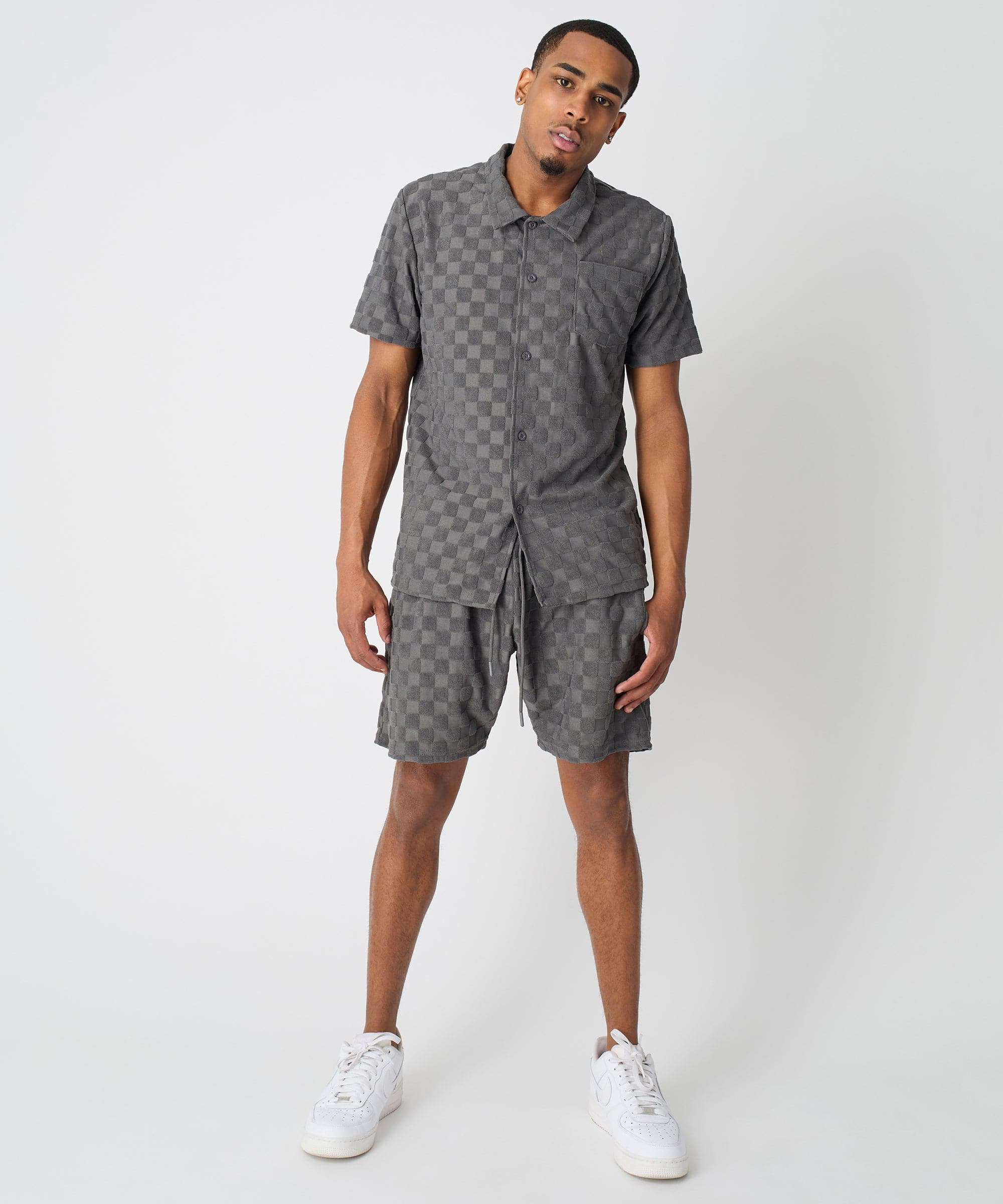 Checkerboard Towel Color Blocked Short Sleeve Button Down Shirt - Grey