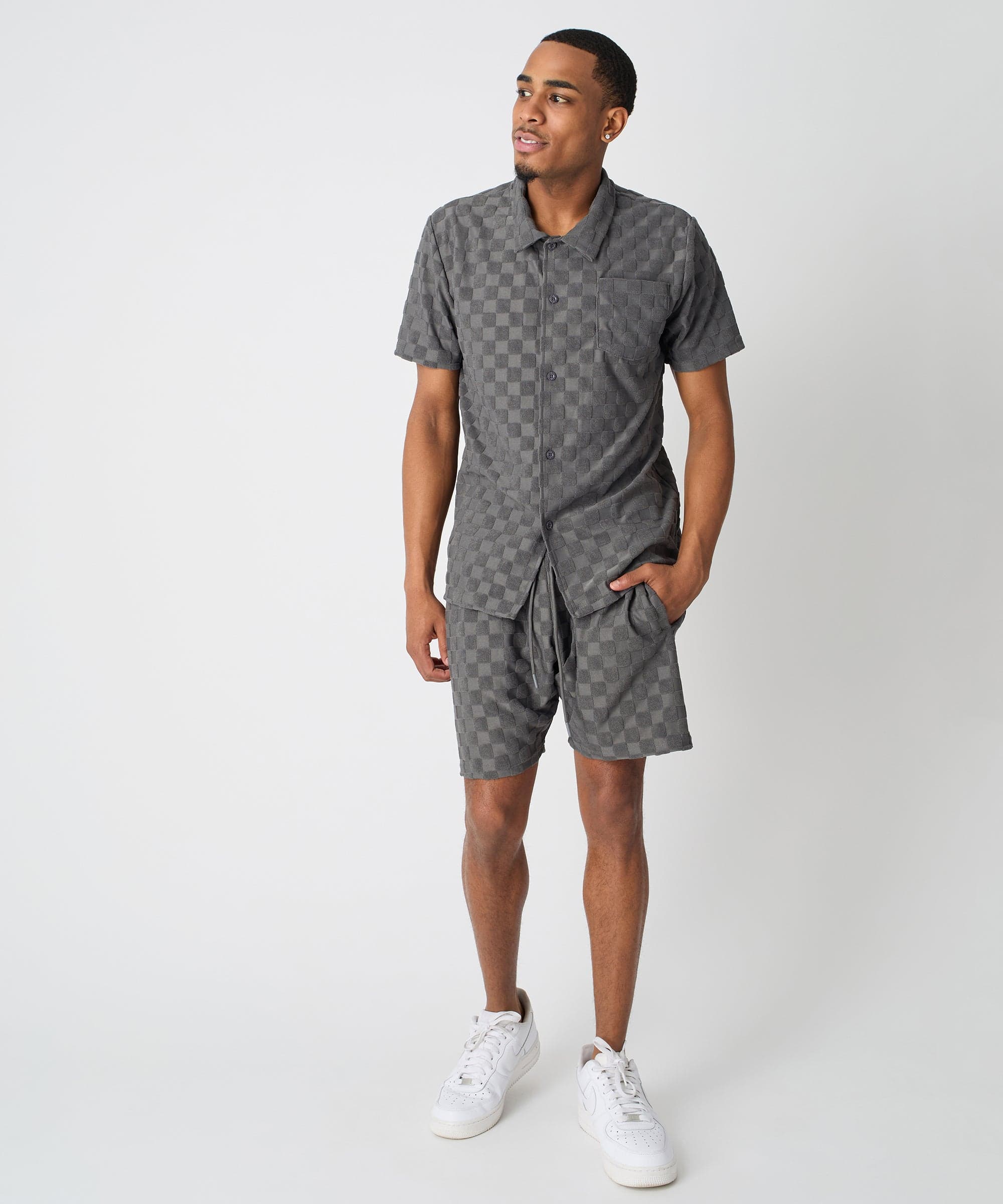 Checkerboard Towel Color Blocked Short Sleeve Button Down Shirt - Grey - Image 3
