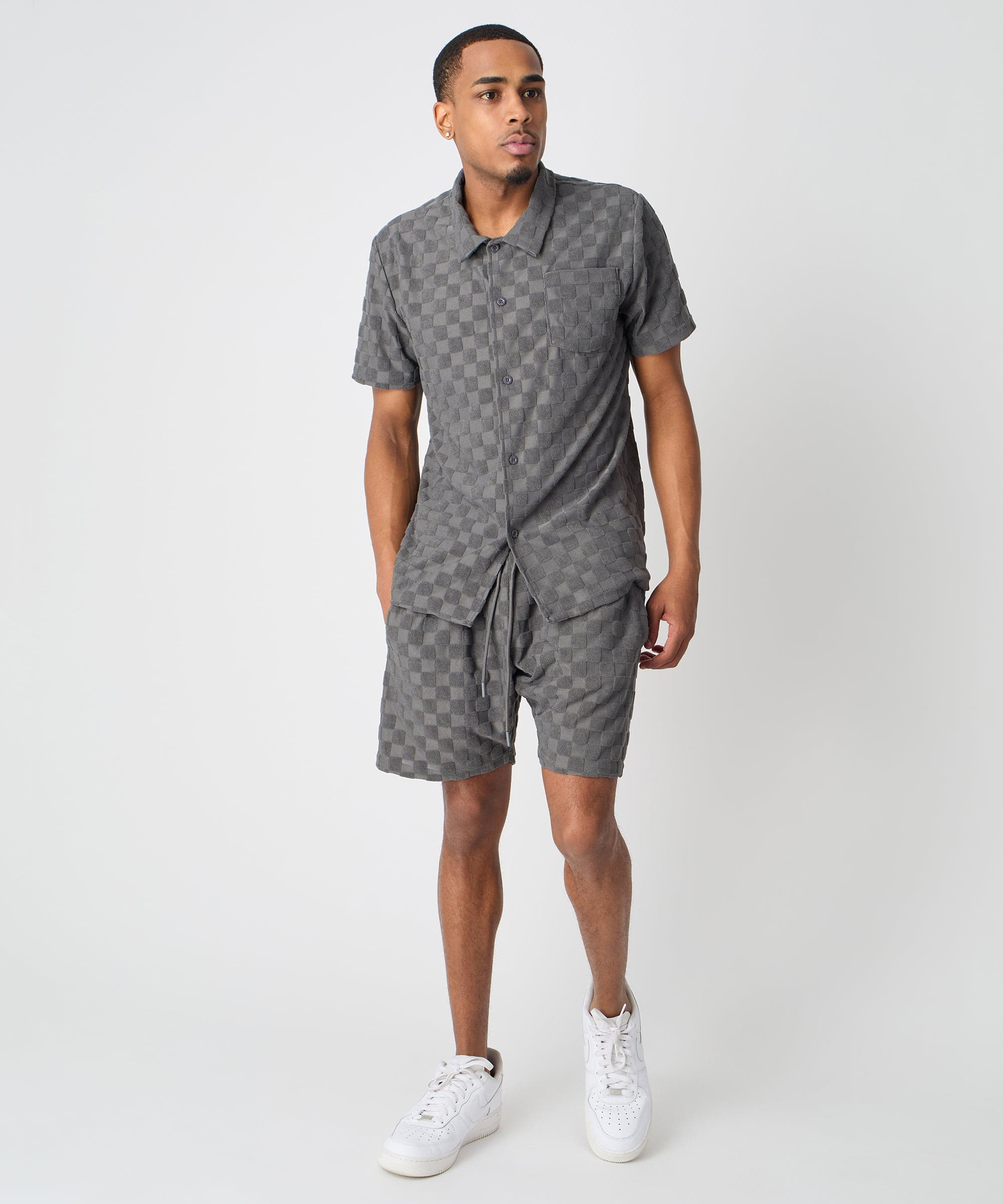 Checkerboard Towel Color Blocked Short Sleeve Button Down Shirt - Grey - Image 6