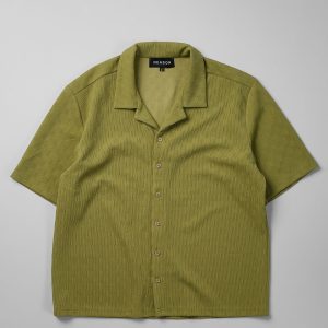 Jacquard Textured Knit Short Sleeve Button Down Shirt - Olive Green