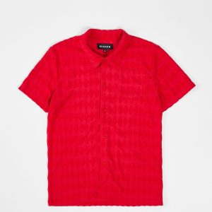 Diamond Plate Towel Color Blocked Short Sleeve Button Down Shirt - Red