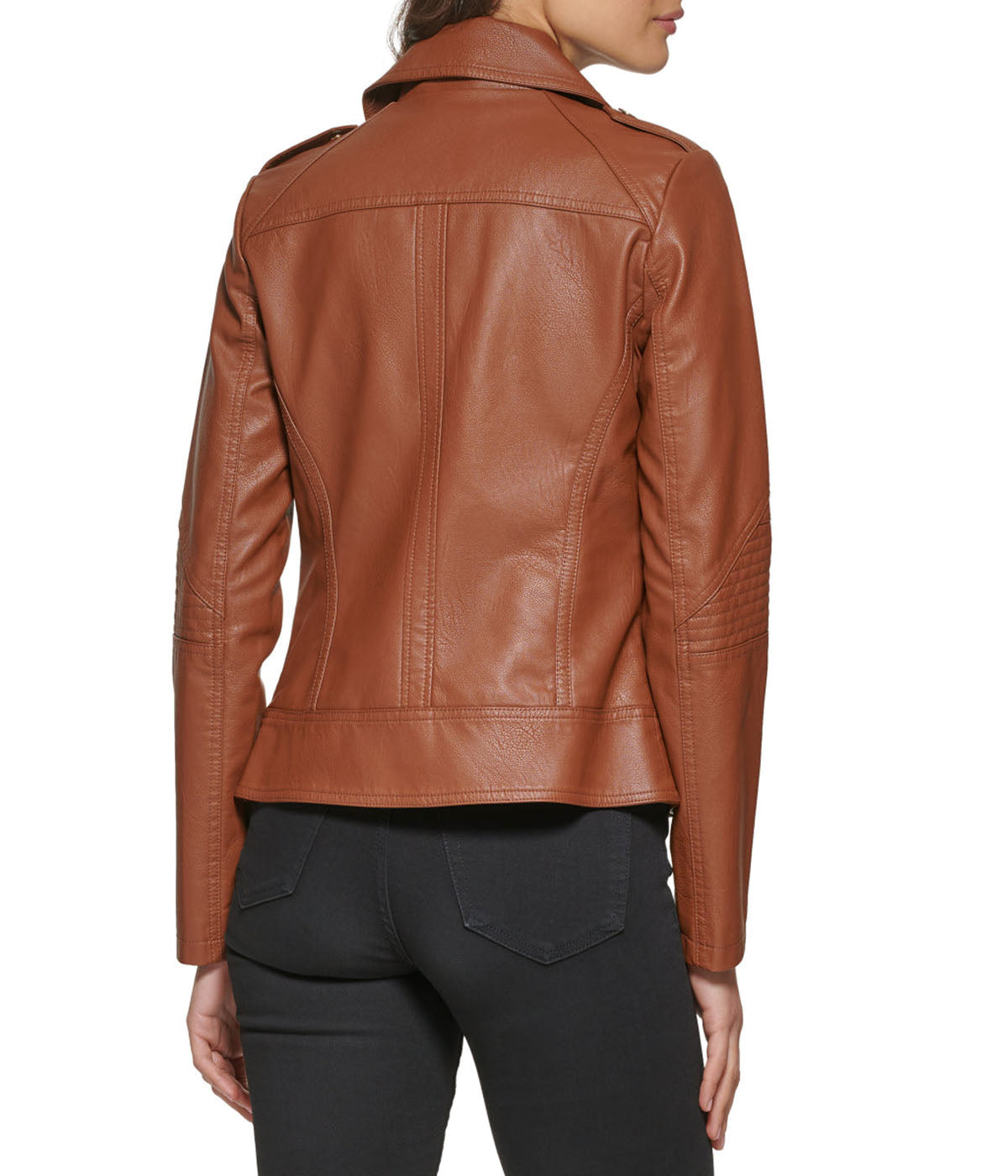Faux Leather Asymmetrical Moto Jacket Cognac - Image 2