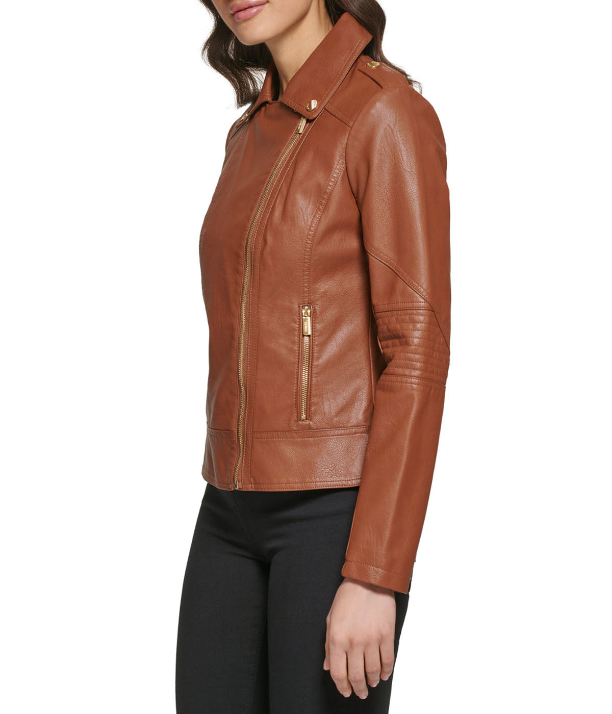 Faux Leather Asymmetrical Moto Jacket Cognac - Image 4