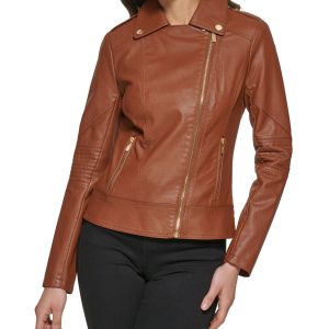 Faux Leather Asymmetrical Moto Jacket Cognac