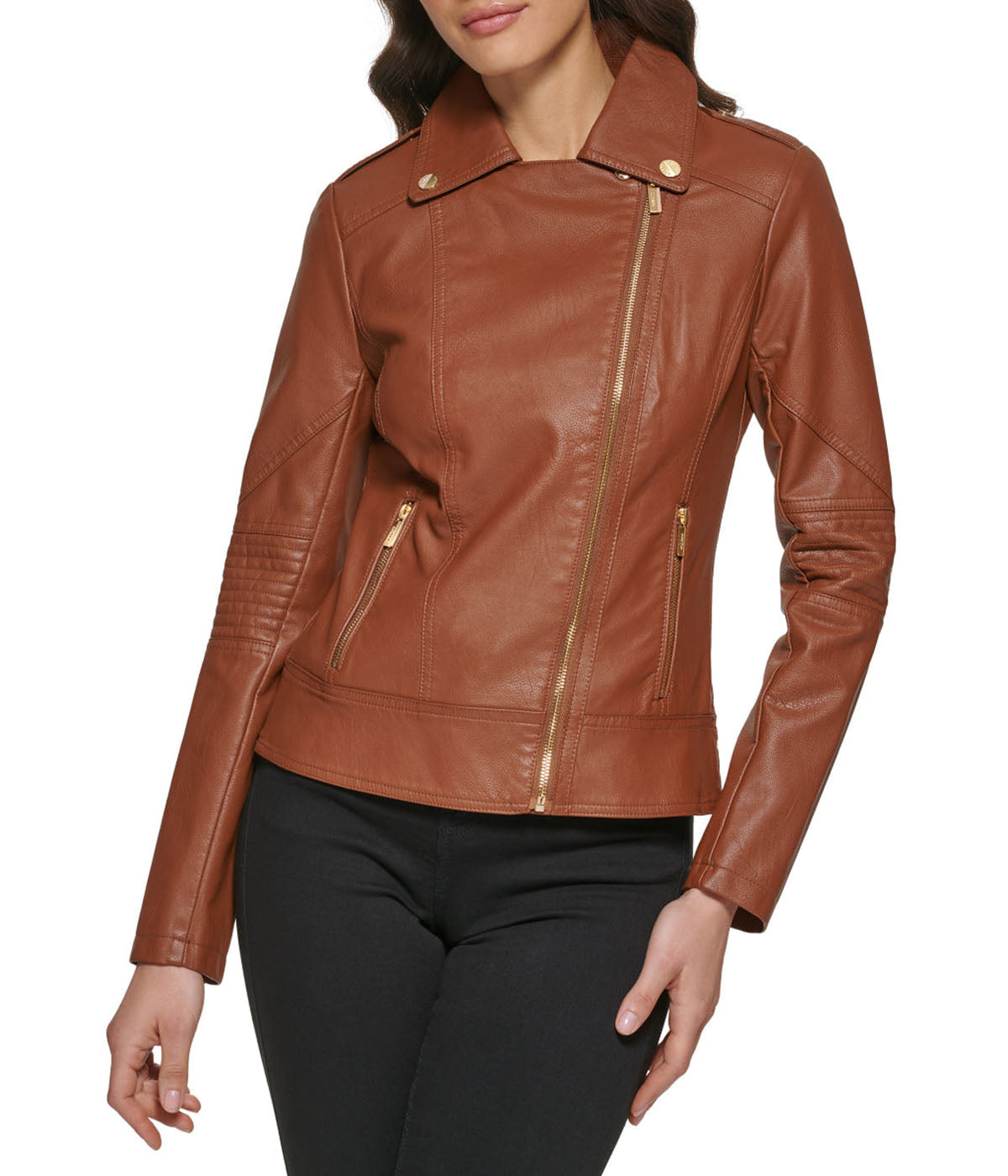 Faux Leather Asymmetrical Moto Jacket Cognac