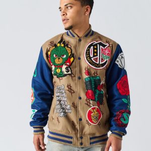 Paper Chaser Chenille Patched Varsity Jacket - Khaki