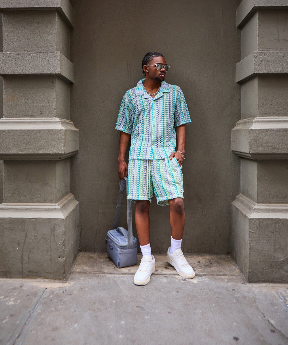 Textured Knit Short Sleeve Button Down Shirt - Light Blue - Image 29
