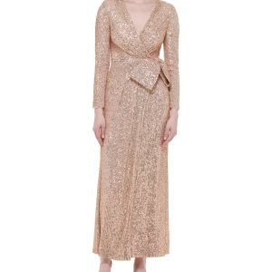 Long Sleeve Surplice Wrap Sequin Gown With Bow Champagne