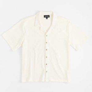 Textured Knit Short Sleeve Button Down Shirt - Light Beige
