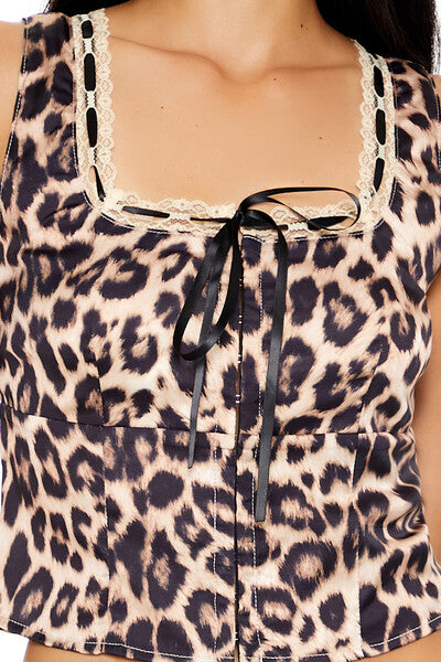 Satin Leopard Print Ribbon Crop Top - Image 3