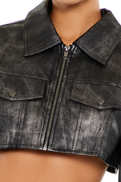 Cropped Metallic Moto Jacket - Image 2